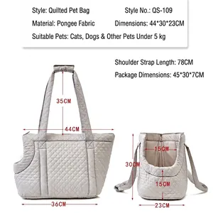 Lightweight grey quilted pet carrier bag for cats and dogs with detailed size chart dimensions