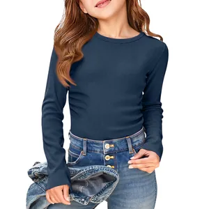 Close-up detail showing the ribbed texture of girls navy blue long sleeve T-shirt
