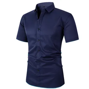 Professional men's navy blue stretch short sleeve business casual shirt with teal trim
