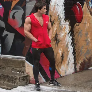Full body detail shot of men's red hooded quick-dry sports vest with front pockets