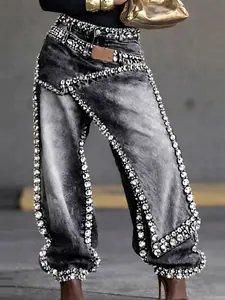 Stylish deconstructed jeans with layered panels and rhinestone embellishments for women
