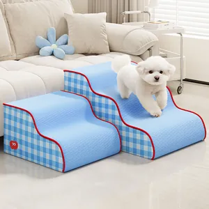 Blue checkered soft foam pet stairs and ramp for small dogs and senior pets in home