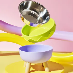 Premium elevated stainless steel cat bowl set with wooden legs for feline neck protection