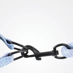 Durable dog leash with double metal safety buckle and blue patterned rope detail