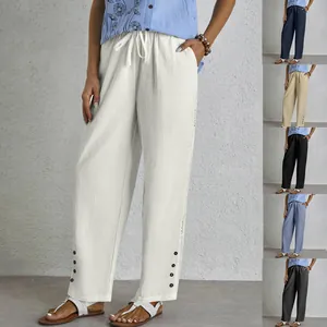 Women's Casual Cotton Linen Straight Leg Pants Drawstring Mid Waist Trousers With Hollow Lace And Button Hem Pockets