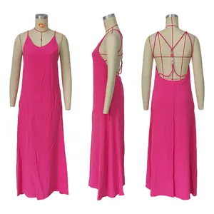Detailed front, side and back views of a pink backless spaghetti strap holiday maxi dress