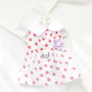 Cute Strawberry Print Pet Dress With Peter Pan Collar Mesh Hem Dog Summer Princess Clothing For Puppy And Small Cats