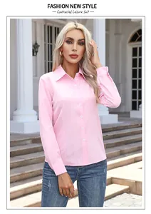 Stylish light pink long-sleeved button-down shirt for women with classical collar