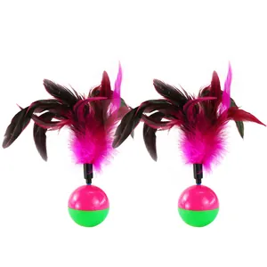 Interactive cat tumbler toy featuring vibrant magenta feathers and colorful base