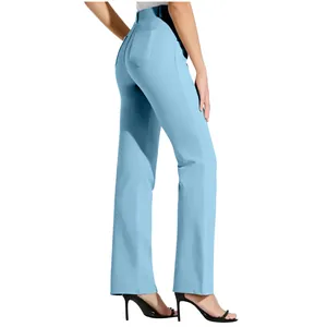 Detailed back view of women's light blue straight-leg office trousers featuring a back pocket