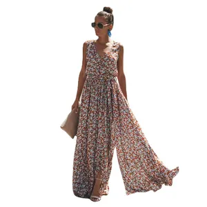 Bohemian floral print maxi dress with V-neck and high slit for summer vacation