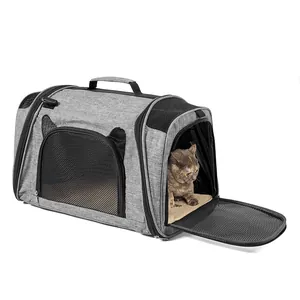 Large foldable grey cat carrier bag with breathable mesh windows and comfortable side opening