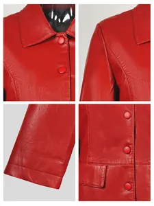 Detailweergaven van een rode PU-leren jas met revers, schouder, mouwmanchet en knopen.
