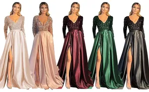 Detailed view of sequined V-neck evening gowns with high slits in five different colors