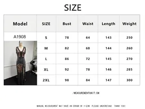 Tableau des tailles détaillé pour robe longue sans manches à imprimé et fente, tailles S à 2XL.