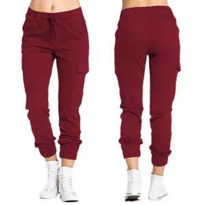 Women's wine red cargo jogger pants with elastic drawstring waist and side pockets