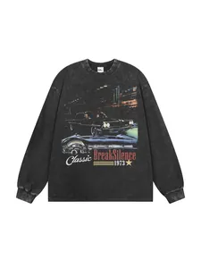 Vintage washed charcoal long sleeve t-shirt with American retro car print and 1973 graphic