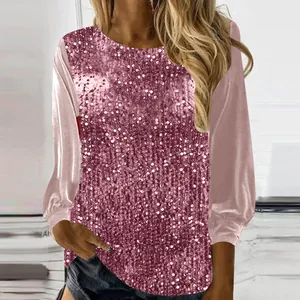 Damen Casual Rundhals Langarm Pailletten Patchwork Lockeres Top Paillettenbluse Für Party Alltag Mode Hemd