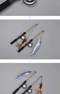 Detailed close-up of retractable fishing rod cat toy with plush fish and feather teaser