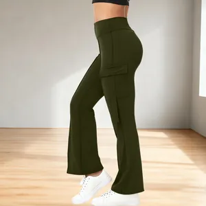 Side view detail of high-waisted olive green flare yoga pants with cargo pocket