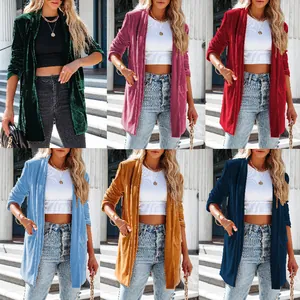 Women's loose fit long sleeve velvet blazer coat shown in six vibrant color options