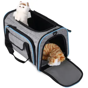 Detail view of breathable gray pet carrier bag for cats featuring mesh windows and blue trim