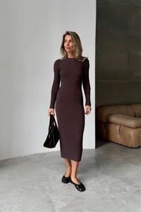 Elegant dark brown ribbed knit bodycon midi dress featuring long sleeves and crew neck
