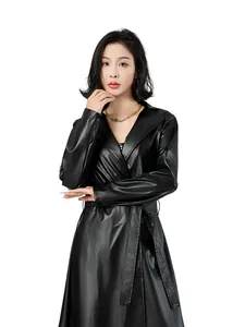 Trench-coat élégant en similicuir noir pour femme avec ceinture à la taille pour l'automne