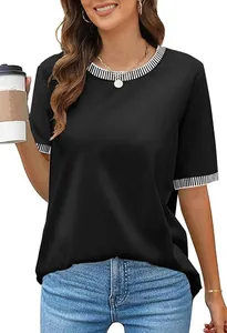 Close-up detail of a black crewneck t-shirt with striped ribbed collar and cuffs