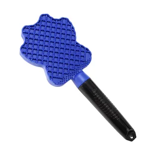 Professional 3-in-1 blue silicone pet bath brush and grooming tool for dogs with black handle