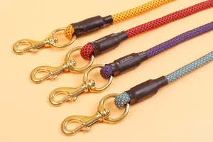 Close-up detail of durable climbing rope dog leashes featuring solid brass hooks and vibrant colors