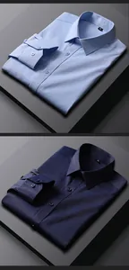 High-quality detail of folded men's dress shirts in light blue and navy blue business tones