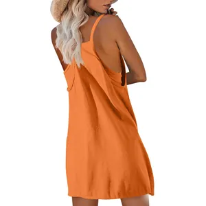 Detail showing the back of a vibrant orange casual sleeveless camisole dress for women