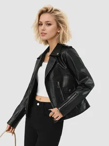 Women's black faux leather biker jacket with asymmetric zipper and lapel collar