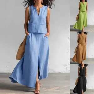 Women Cotton Linen Two Piece Skirt Set Sleeveless V Neck Top And Slit Midi Skirt Casual Minimalist Summer Clothing