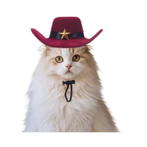 Burgundy pet cowboy hat with gold star badge for cat and dog photography costumes