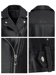 Detail view of women's black PU leather biker vest with lapels and silver zippers
