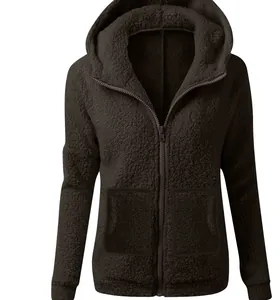 Close-up of women's dark brown plush hooded jacket with zipper and fuzzy texture.