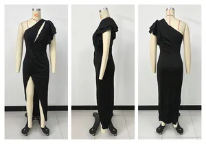 Detailed view of black one-shoulder ruffled sleeve evening gown from three angles