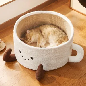 Cozy cup-shaped cat bed and scratcher with cute smiley face for four seasons