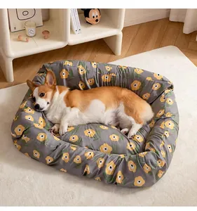 Floral pattern pet bed cover shown with a Corgi dog in a cozy home setting