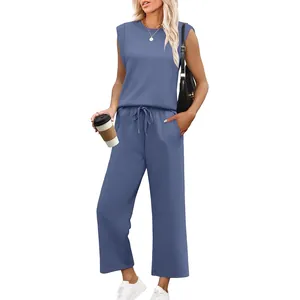 Women Casual Sleeveless Round Neck Top And Bottom Solid Color Wide Leg Drawstring Pants Lounge Wear Summer Fashion Outfit