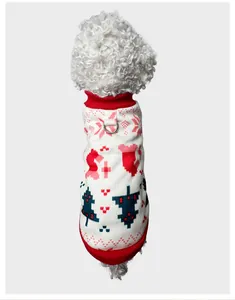 Back view of a white Christmas knitted pet sweater featuring a D-ring and festive patterns.