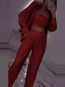 Women Sequined Patchwork Cardigan Top And Bottom Set Long Sleeve Shirt Tube Top Pants Shiny Outfit For Clubwear Party