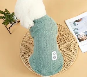 Nahaufnahme eines grünen gestrickten Haustierpullovers mit Lucky Bear Aufnäher