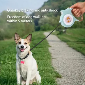 Automatic 5M retractable dog leash with LED light and anti-shock brake system for small dogs