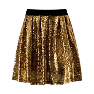 Mini gonna di paillettes oro lucido con vita alta elastica nera molto confortevole