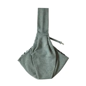 Grey soft fabric pet carrier sling bag for small dogs and cats with safety leash detail