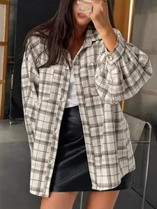 Vintage grey plaid oversized long sleeve shirt for women street style fashion