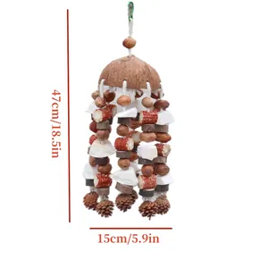 Large natural parrot toy with coconut shell, pine cones, and cuttlebone, size 47x15cm